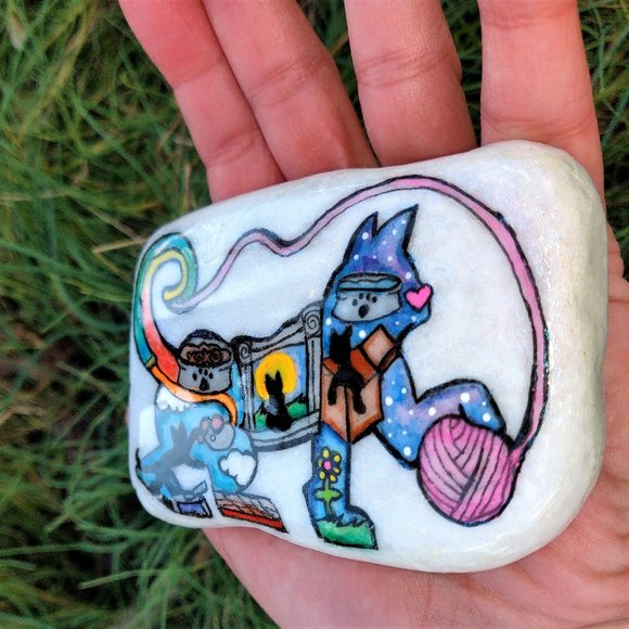 Playful Inner World Cat Silhouette Santorini Stone Hand Painted - Picture 3 of 6